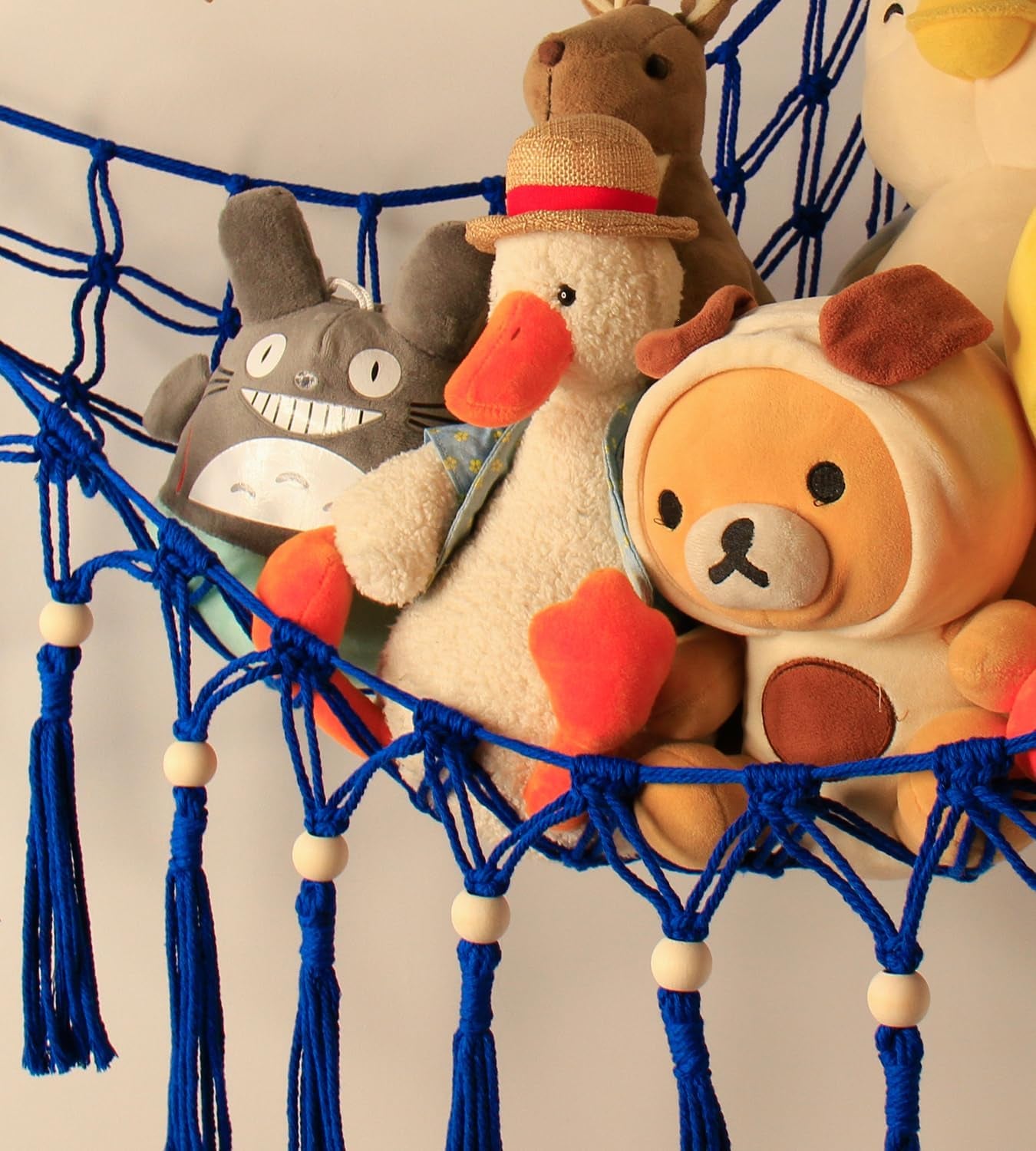 Stuffed Animal Toy Storage Hammock with LED Light-Macrame Jumbo Doll Room Organizer Mesh Decoration-Hanging Storage Nets Kids Bedroom(Blue Beads)