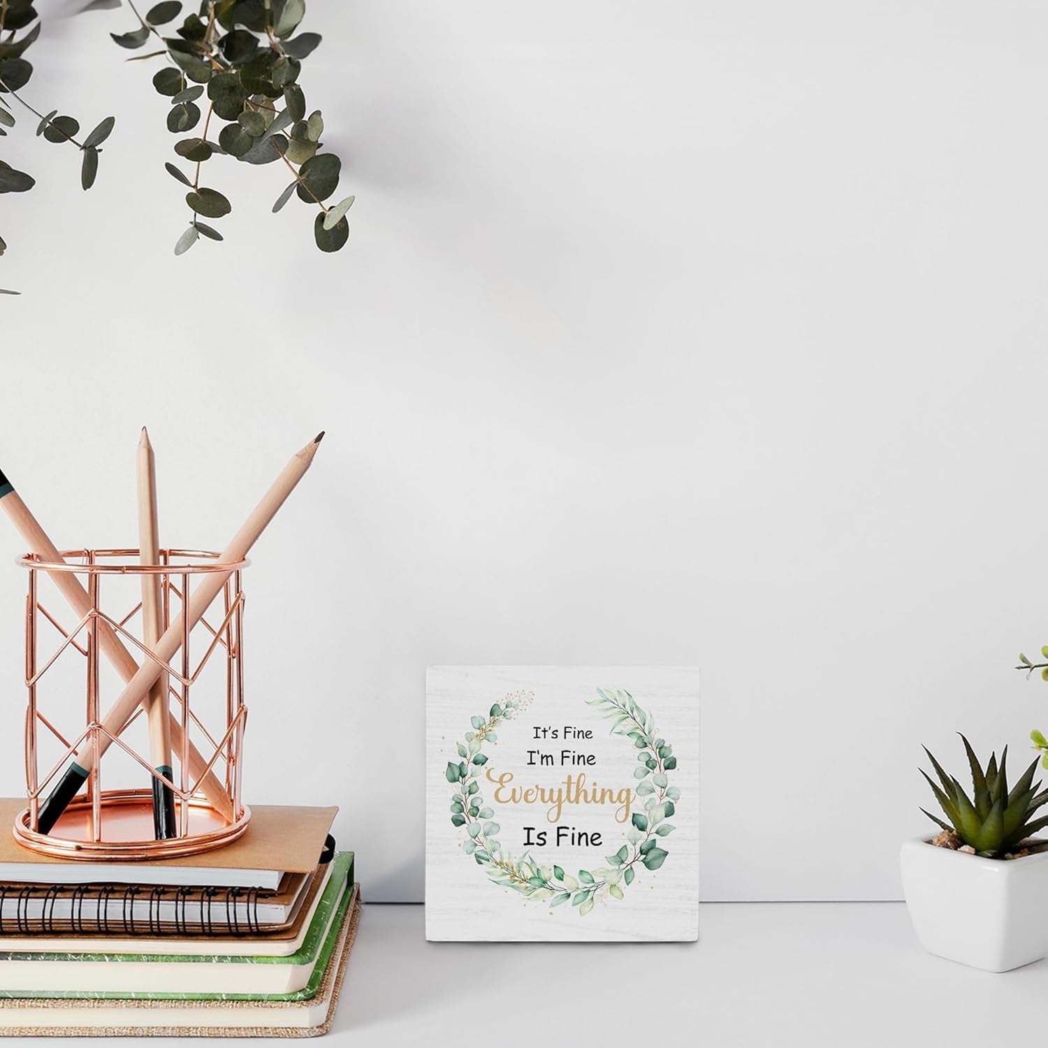 Inspirational Desk Decor,It'S Fine I'M Fine Everything Is Fine Wood Box Sign Desk Decor,Inspirational Wood Box Sign Block Plaque for Home Office Shelf Table Decor