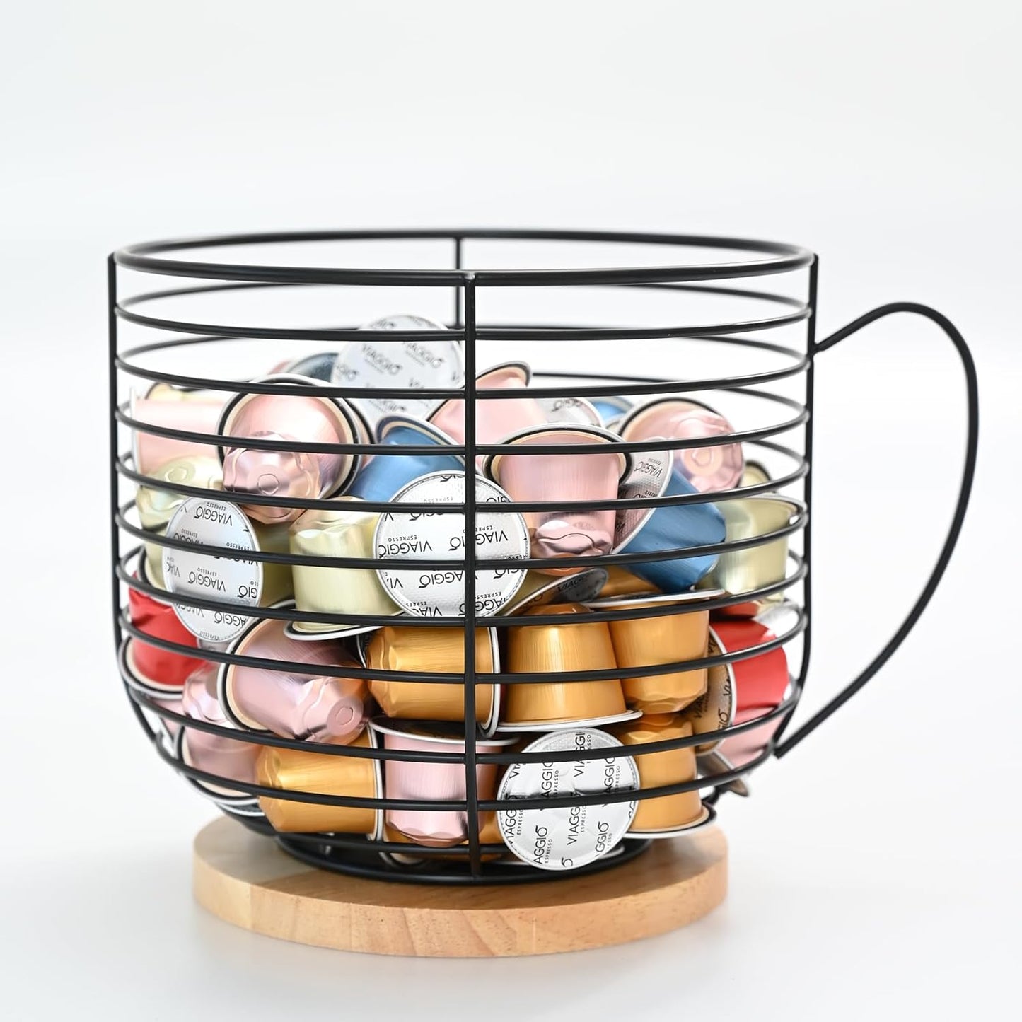 Coffee Pod Holders for Counter - K Cup Holders for Counter - Coffee Pods Storage Organizer - Coffee Bar Accessories - Large Capacity Black Wire Kup Storage with Wooden Base.