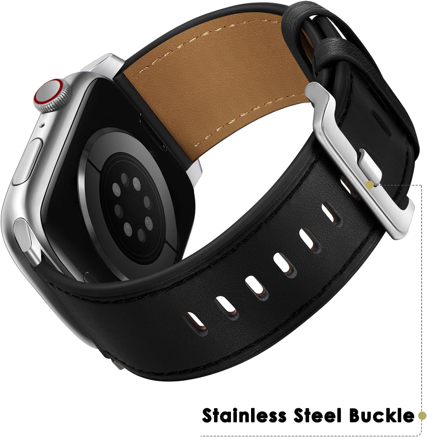 Compatible with Apple Watch Band 41Mm 40Mm 38Mm Men Women, Top Grain Genuine Leather Band Strap for Iwatch Series 9 8 7 6 5 4 3 2 1 SE, Black/Silver