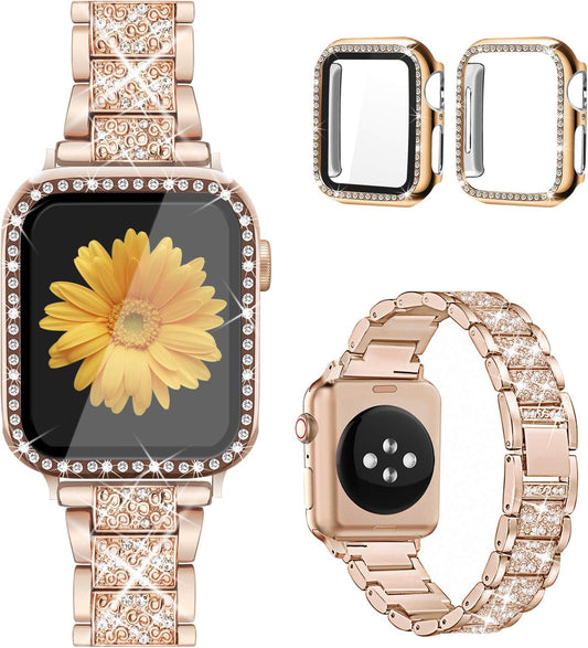 Compatible for Apple Watch Band with Screen Protector Case, Jewelry Replacement Band 45Mm 44Mm 42Mm 41Mm 40 Mm 38Mm 2 Pack Bling Protective Cover for Iwatch Series 9/8/7/6/5/4/3/2/1/SE Women
