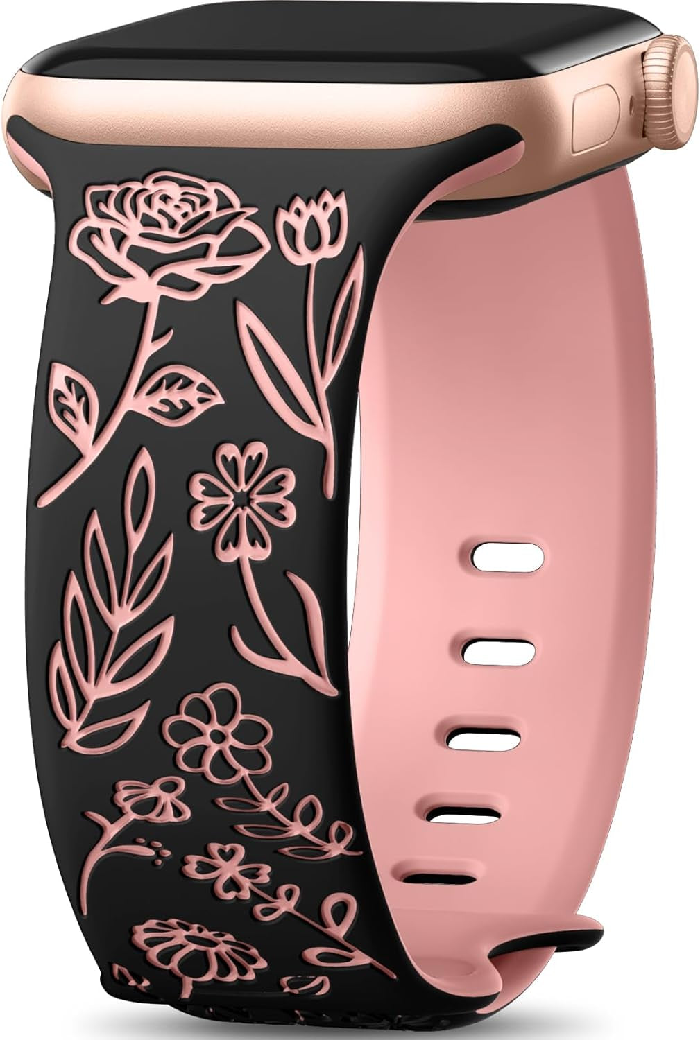 Floral Engraved Bands for Apple Watch Women 38Mm 40Mm 41Mm 42Mm 44Mm 45Mm, Soft Silicone Cute Dressy Wrist Strap for Iwatch SE Series 9 8 7 6 5 4 3 2 1 Ultra, Iphone Watch Band Accessories