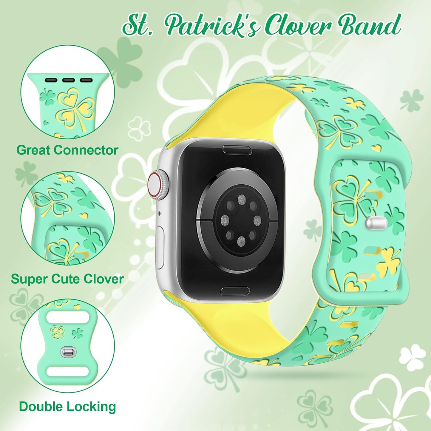 Shamrocks Lucky Clover Band for Apple Watch Bands for Women 42Mm 41Mm 40Mm 38Mm, St Patricks Day Cute Soft Silicone Iwatch Bands for Iphone Watch Bands Series 10 9 8 7 6 5 4 3 Se-Green(Yellow)
