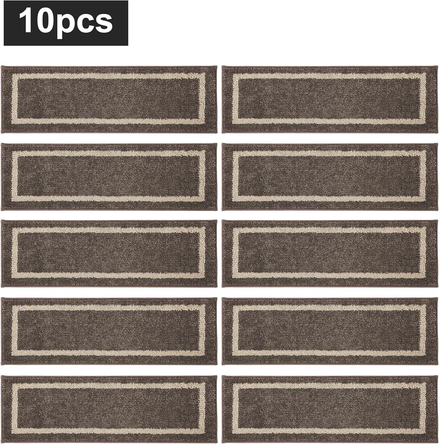Soft Stair Treads Non-Slip Carpet Mat 28Inx9In Indoor Stair Runners for Wooden Steps,Stair Rugs for Kids and Dogs, 100% Polyester TPE Backing 10Pcs,Brown,Square