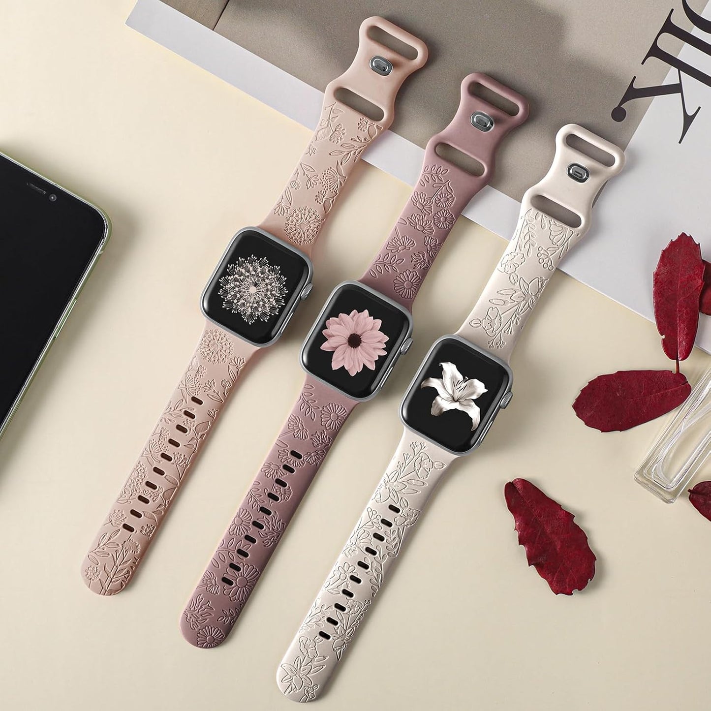 3 Pack Floral Wildflowers Engraved Pattern Silicone Bands Compatible with 38Mm 40Mm 41Mm 42Mm 44Mm 45Mm 49Mm, Replacement Sport Strap for Iwatch Series Ultra 8/7/6/5/4/3/2/1 SE Women Girls