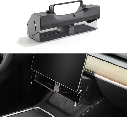Hidden under Screen Storage Box for Tesla Model 3 Model Y with Open-Close Design, Magnetic Center Console Organizer Dashboard Tissue Sunglass Holder