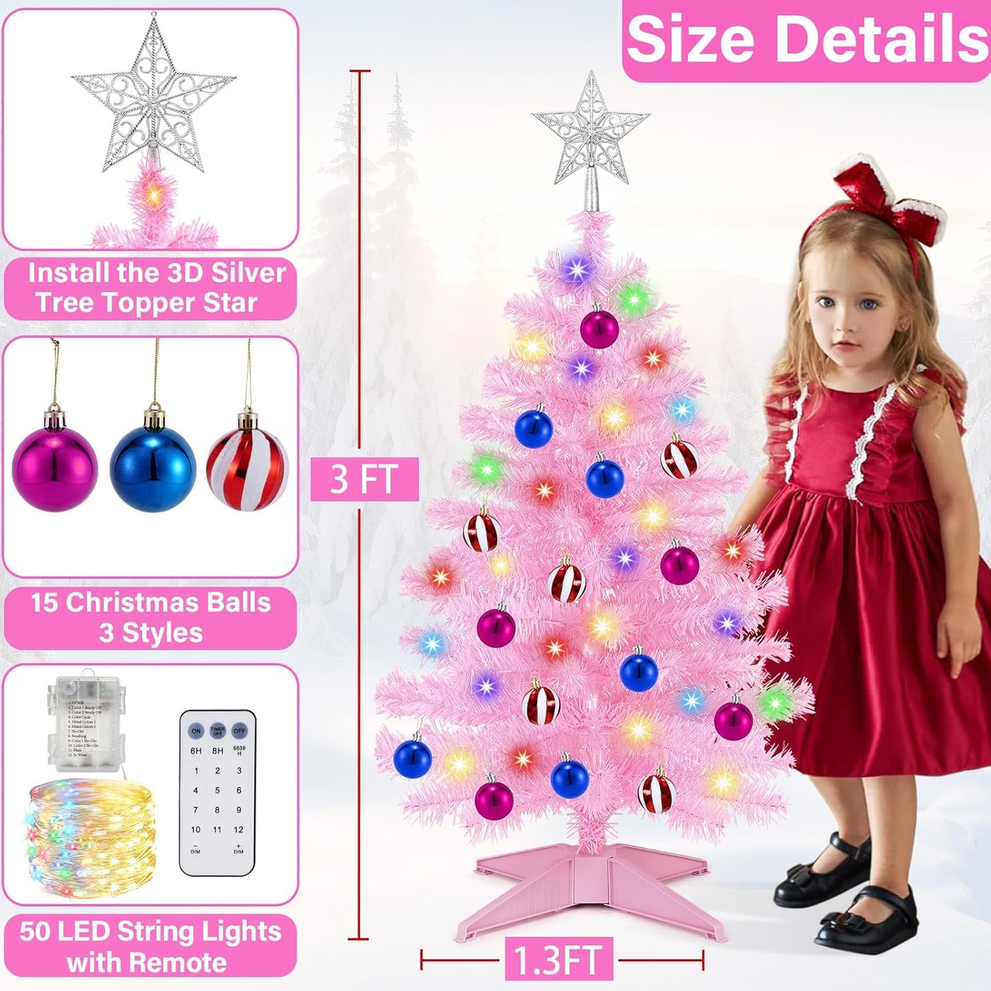 [ Timer & 12 Modes ] 3 Ft Pink Christmas Tree with DIY 50 Warm White Lights 15 Ball Ornaments & 3D Star Battery Operated Small Christmas Tree Indoor Home Tables Holiday Xmas Christmas Decorations