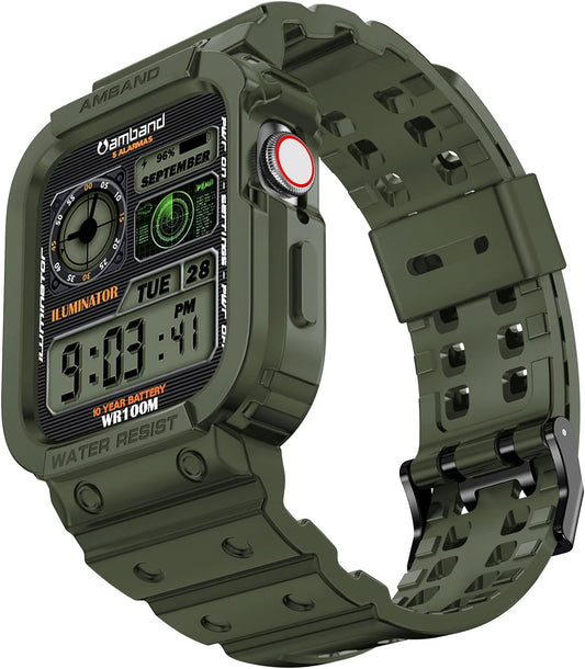 Compatible with Apple Watch Band 45Mm 44Mm 42Mm with Bumper Case, Rugged Men Bands for Iwatch SE Series 9 8 7 6 5 4 3 2 1, Sport Military Protective Cases Drop-Proof Shockproof Green