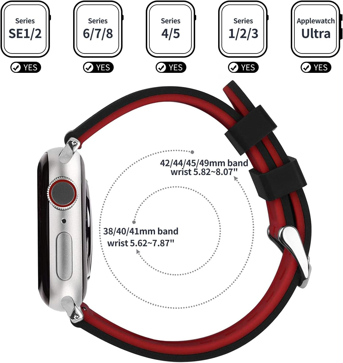 Compatible Sport Bands for Apple Watch Series 10 42Mm, 9/8/7 41Mm, SE2/SE/6/5/4 40Mm, 3/2/1 38Mm,Silicone Rubber Iwatch Band for Women Men, Black Top/Red Bottom