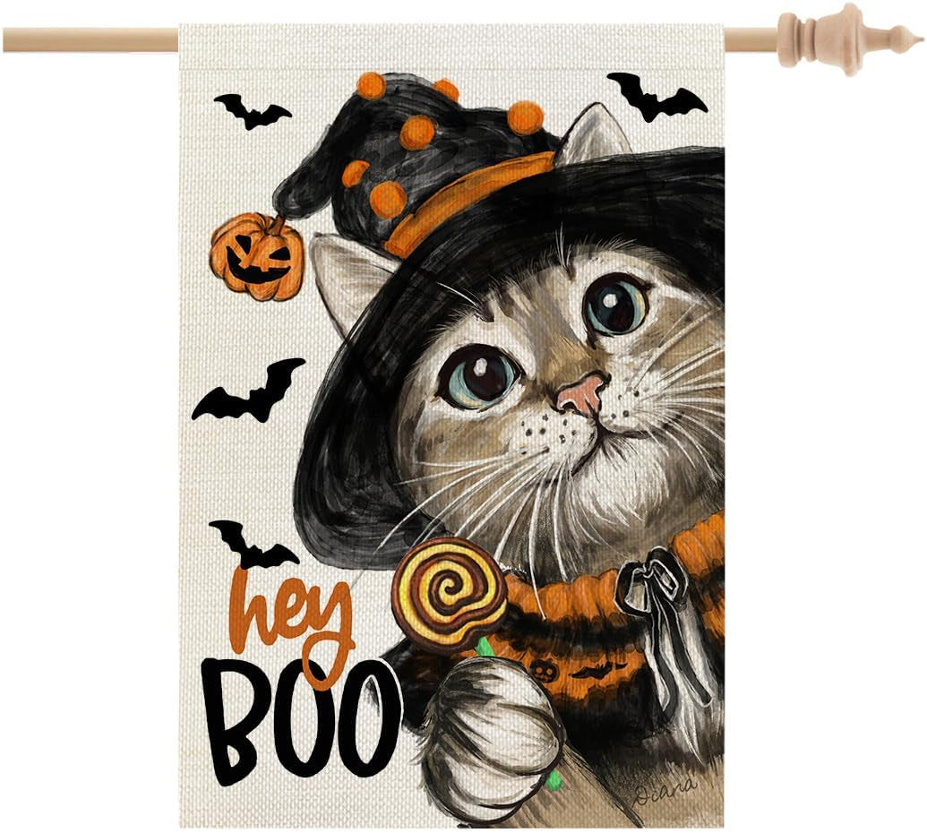 St Patricks Day Cat Garden Flag Hello Lucky 12X18 Inch Double Sided for outside Small Burlap Shamrock Clovers Holiday Yard Decoration