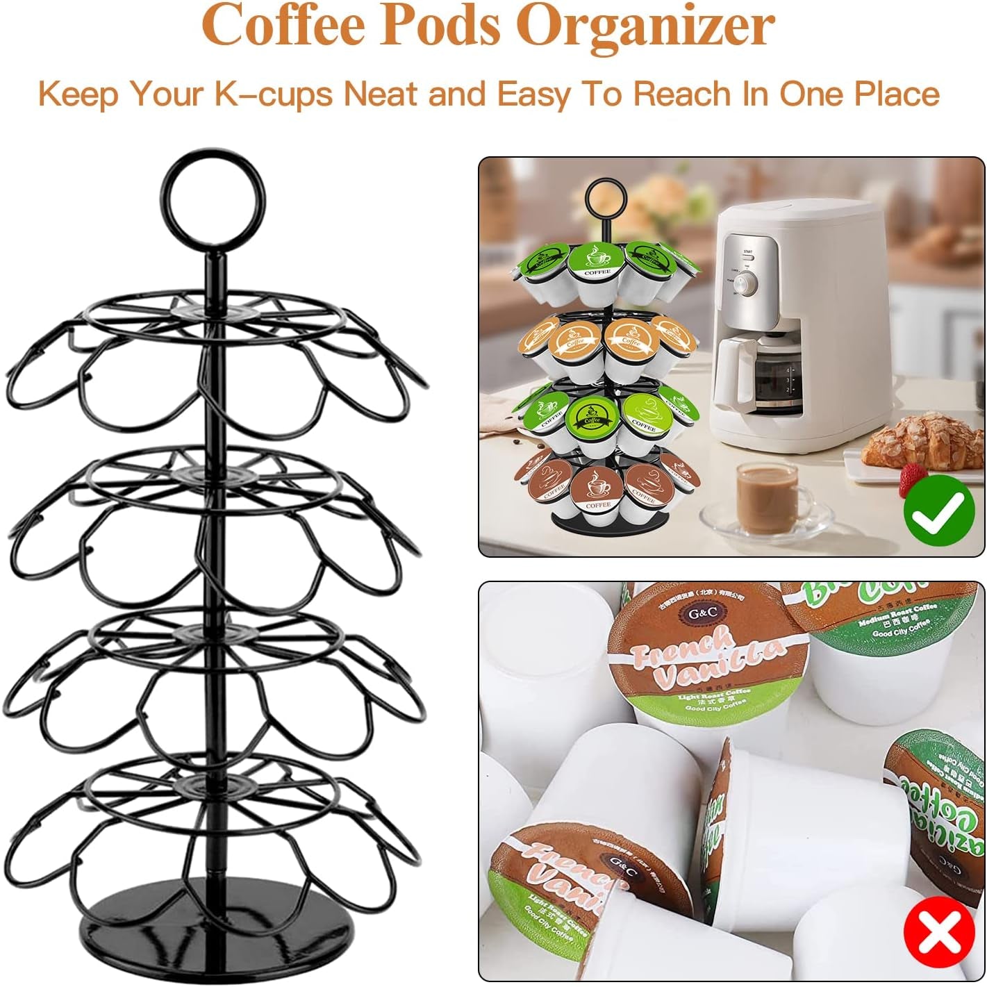 Coffee Pod Holder, Storage Compatible with K-Cups(36 Pods), Kitchen Detachable Organizer for Countertop, Spins 360-Degrees Carousel