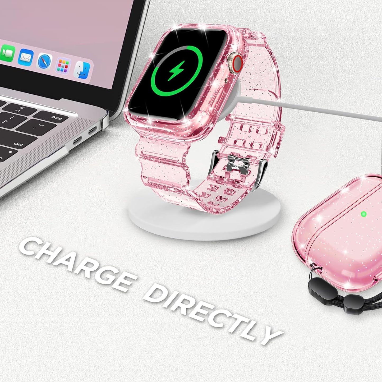 Compatible for Clear Apple Watch Band with Bumper Case, Women Men Glitter Bling TPU Sport Strap for Iwatch SE Ultra Series 10 9 8 7 6 5 4 3 2 1
