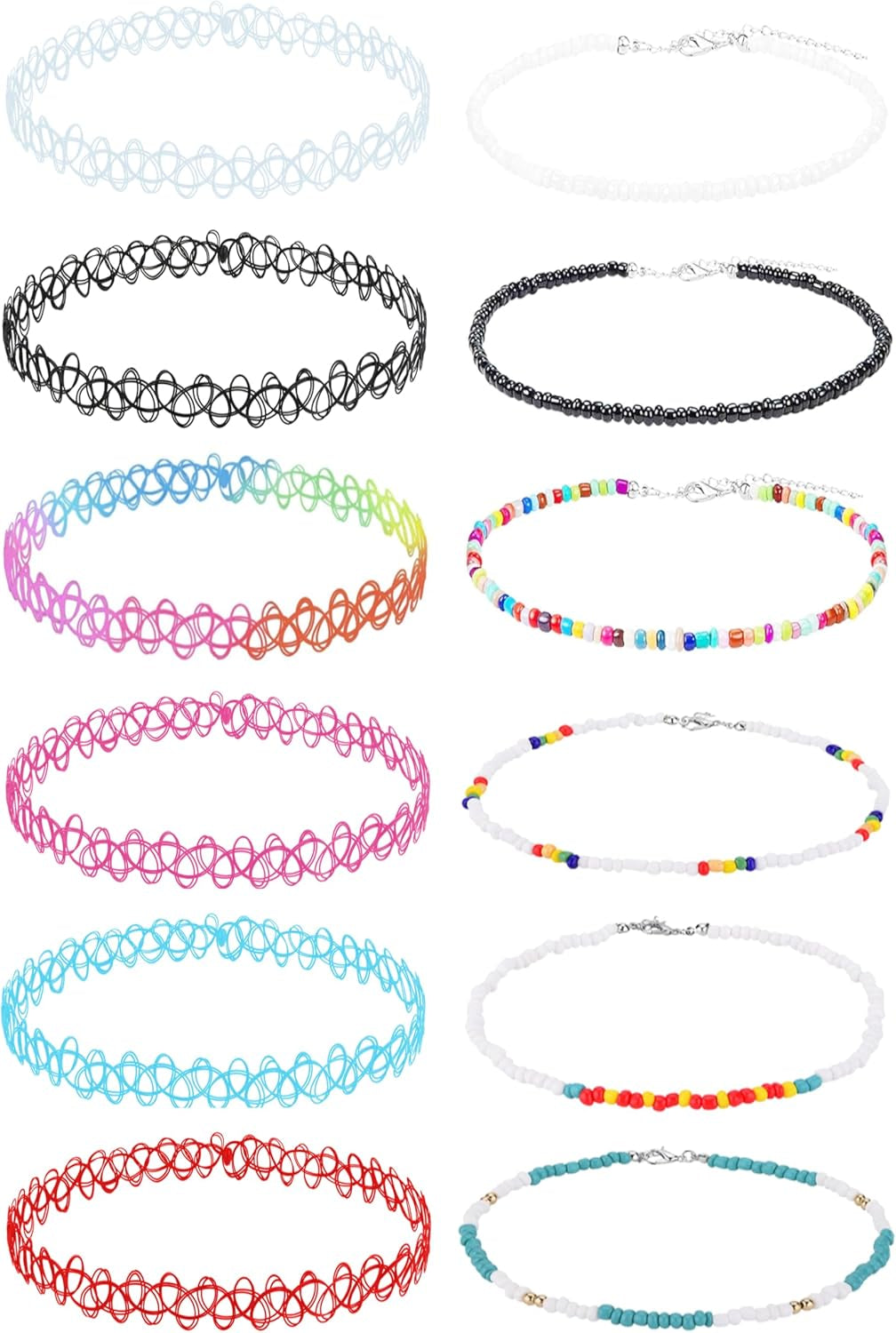 12PC Tattoo Choker Necklace - 90S Accessories 2000S Jewelry Y2K Fashion Vitange Trendy - Pink Blue Green Colorful Rainbow Goth Black - Stretchy Elastic Necklace