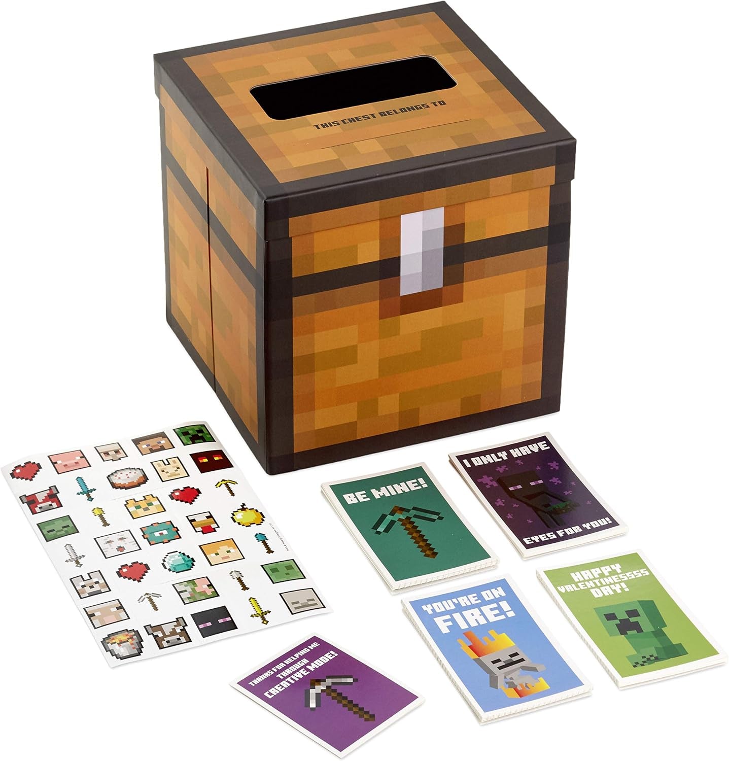 Minecraft Valentines Day Cards and Mailbox for Kids School Classroom Exchange (1 Box, 32 Valentine Cards, 35 Stickers, 1 Teacher Card)