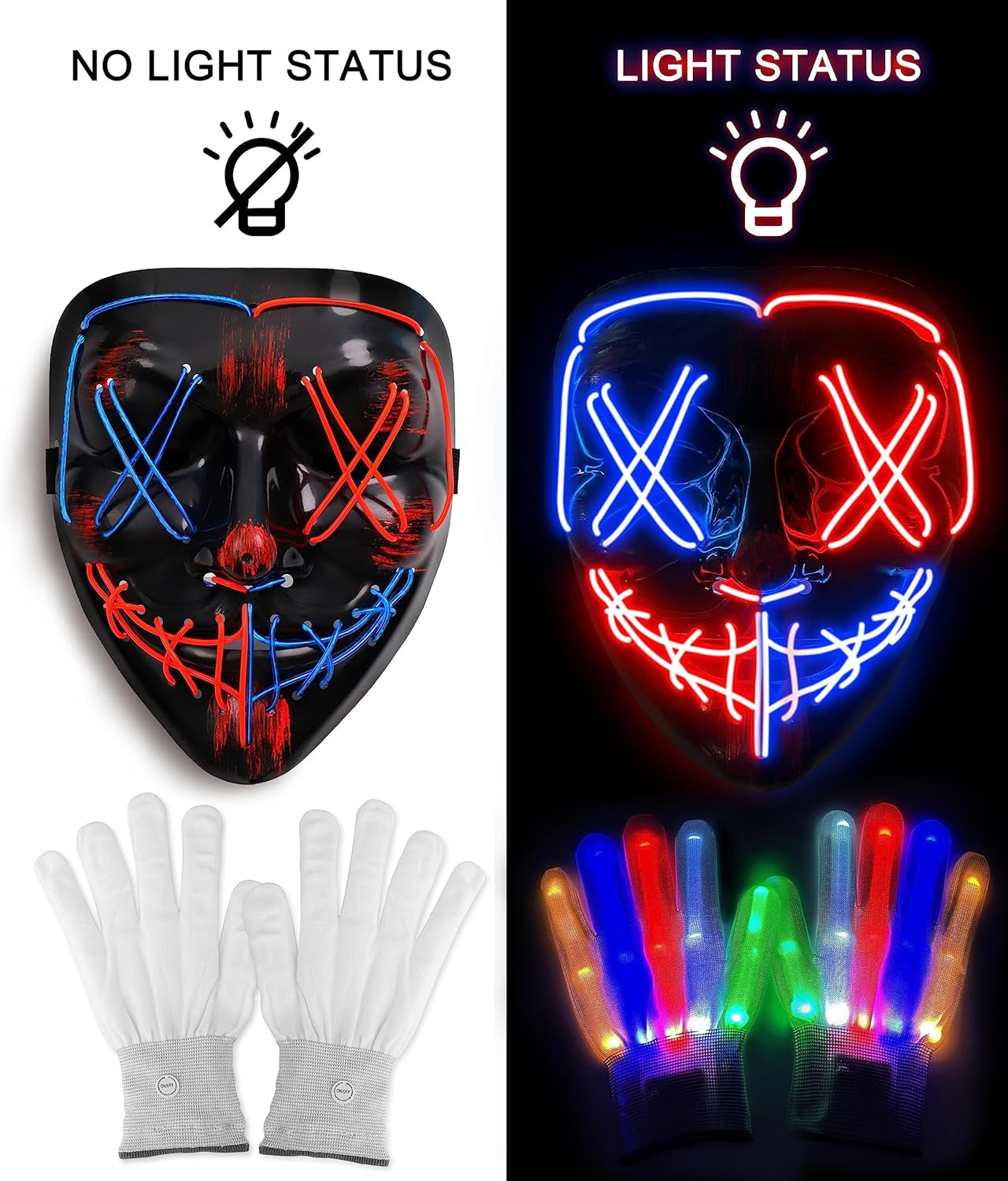 Halloween Mask Skeleton Gloves Set, Light up Scary LED Mask with Glow Gloves, Halloween Costumes for Boys Girls