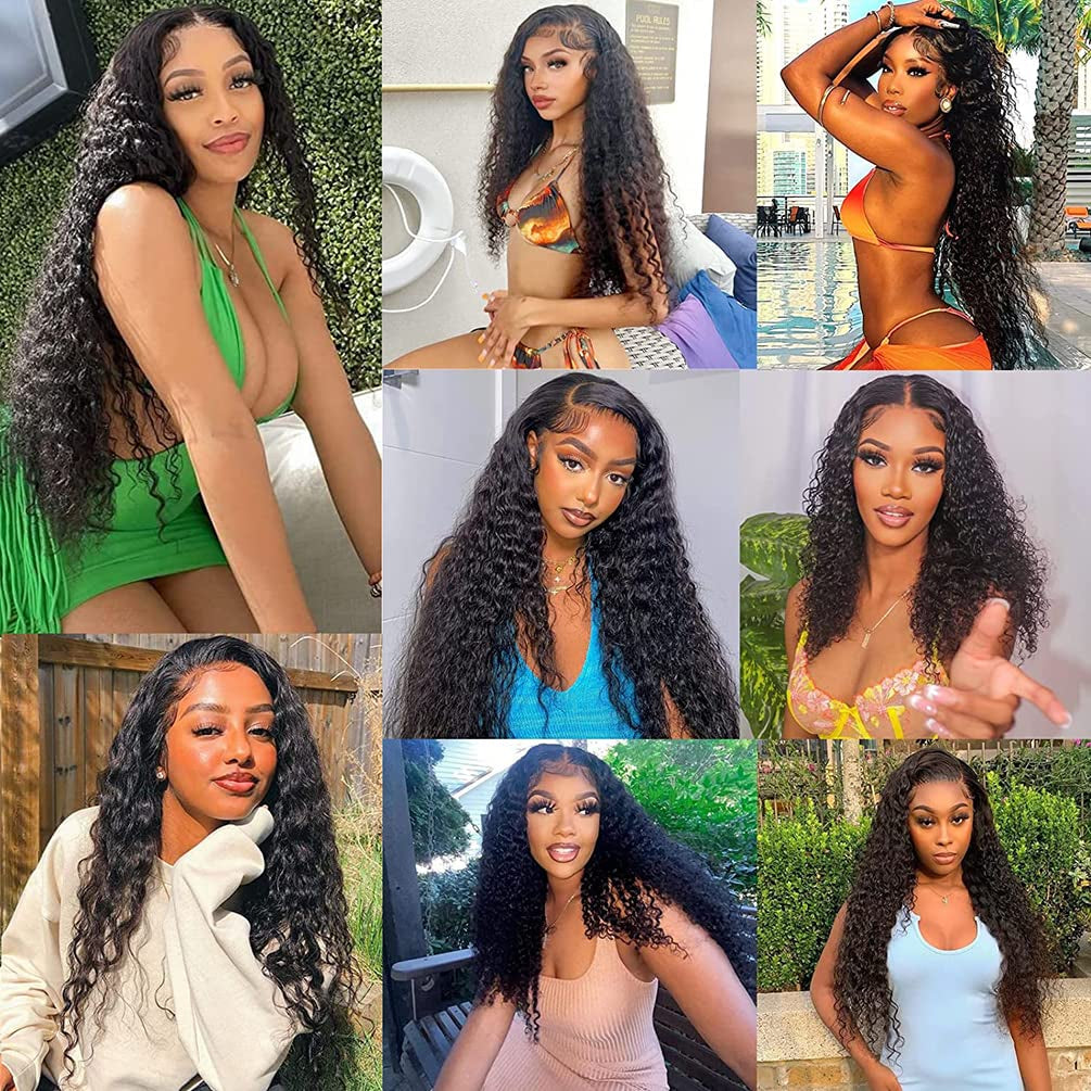 Deep Wave Bundles with Closure (12 14 16+10 Free Part) 12A 100% Unprocessed Brazilian Virgin Human Hair Bundles with 4X4 Lace Closure Deep Curly Weave Hair Extensions Natural Color for Black Women