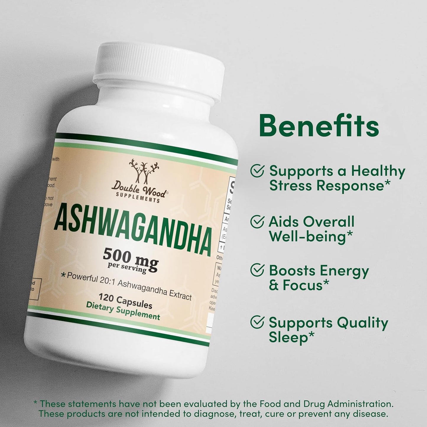 Ashwagandha Capsules, 120 Count (500Mg Extract 20:1 Potency) Adaptogen Stress Relief by Double Wood TLBH