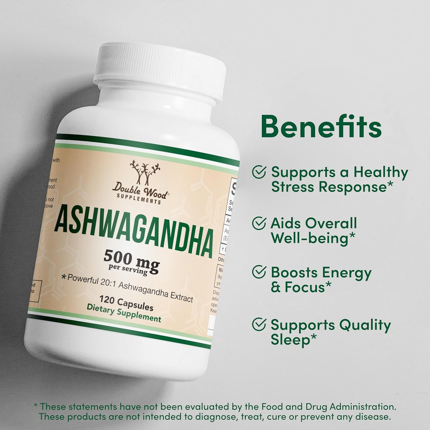 Ashwagandha Capsules, 120 Count (500Mg Extract 20:1 Potency) Adaptogen Stress Relief by Double Wood TLBH
