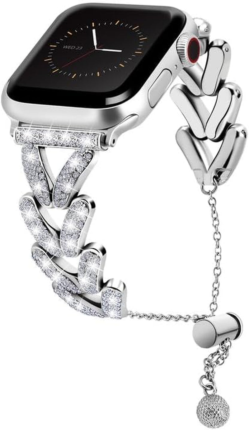 Compatible with 41Mm Apple Watch Band Series 8 7 for Women, Bling Replacement Bracelet V-Shape Diamond Rhinestone Stainless Steel Metal Strap for Iwatch Band 40Mm 38Mm Series 6 5 4 3 2 1 SE