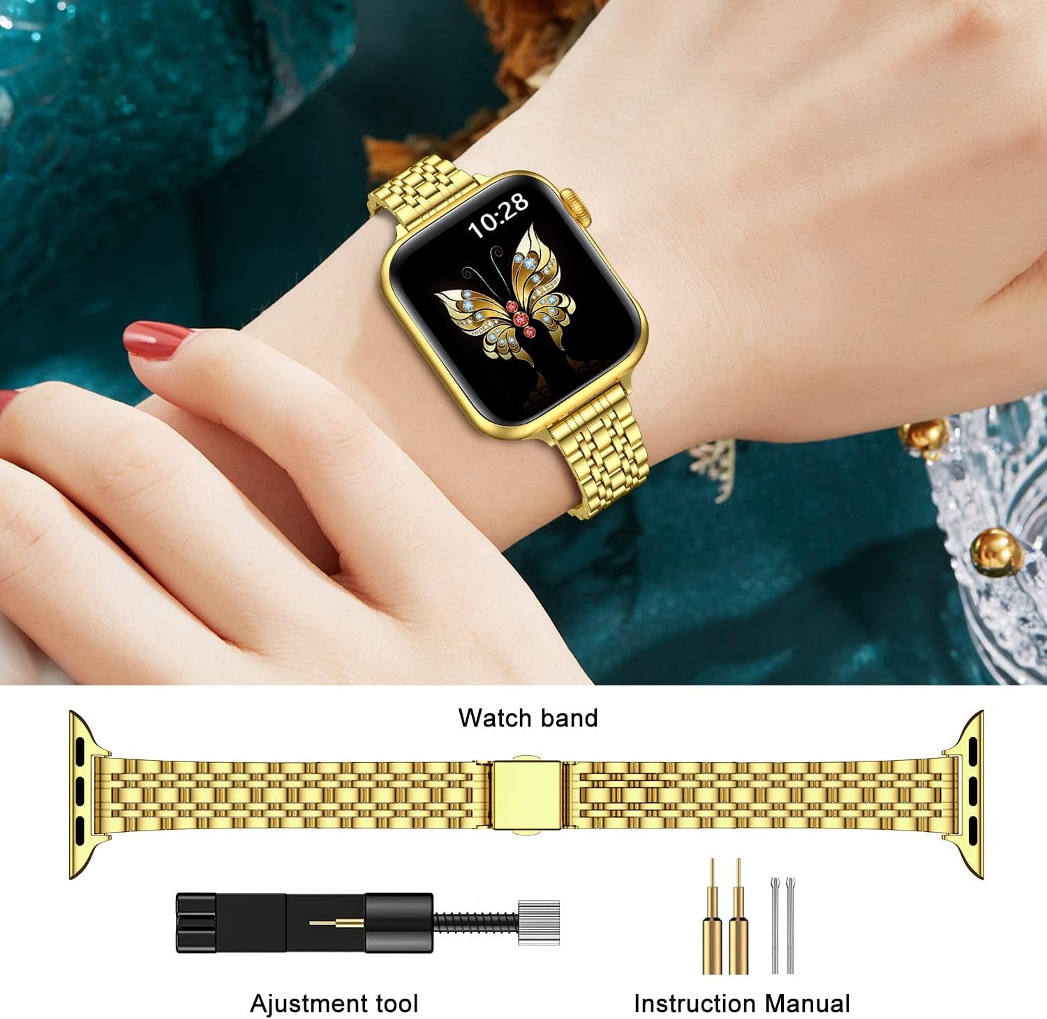 Slim Metal Band Compatible with Apple Watch Band 41Mm 40Mm 38,Mm,Dressy Stainless Steel Chain Strap for Women Iwatch Bands Series 9 8 7 6 5 4 3 2 1 Se,Gold