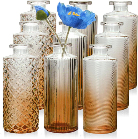 Glass Bud Vase Set in Bulk, 9Pcs Mini Vintage Flower Vases for Wedding,Amber Relief Vase for Centerpieces,Home Table Flower Decor, Party Decorations