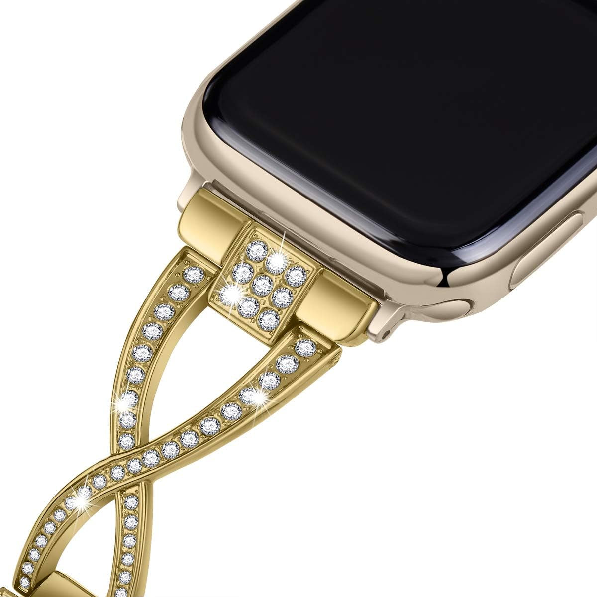 For Apple Watch Band 38Mm 40Mm 41Mm Women Series 9 8 7 6 5 4 SE Iwatch Bands Bling Metal Bracelet Cute Fancy Dressy Strap Gold