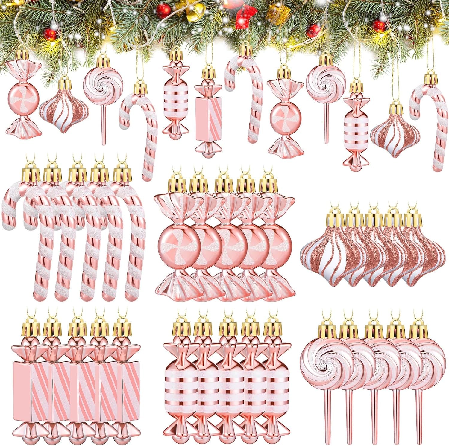 30 Pcs Christmas Candy Ornaments Peppermint Candy Cane Christmas Decorations Plastic Lollipop Christmas Hanging Ornaments with Rope for Xmas Holiday Party Supplies(Pink White)