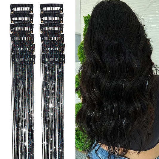 12Pcs Hair Tinsel Clip in 19.6Inch Glitter Tinsel Hair Extensions Clip in Hair Tinsel Kit Heat Resistant Shiny Sparkle Fairy Hair Accessories for Women Girls Kids (Black)