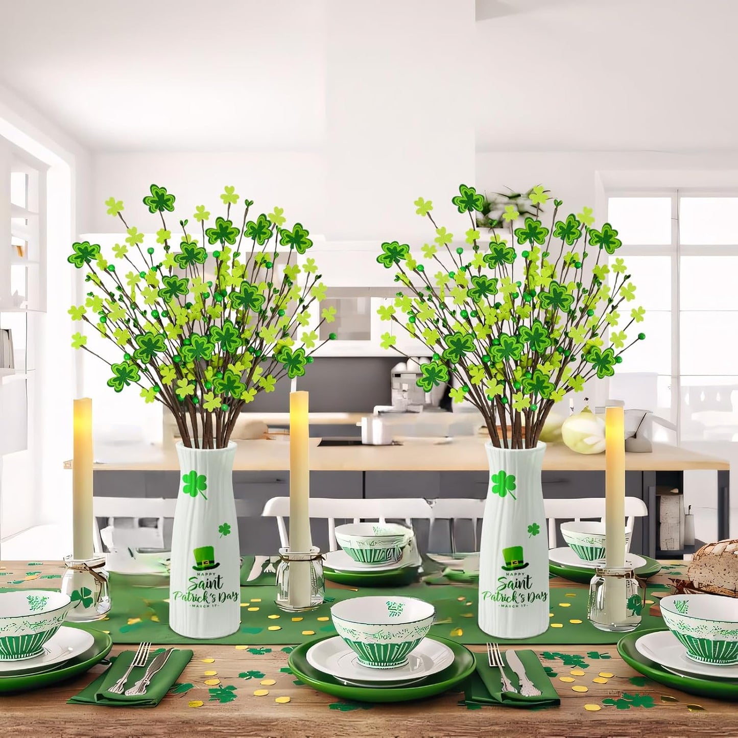 6Pcs St Patricks Day Decorations, 23.8" Artificial Shamrock Picks Fake Green Berry Stems Clover Flower Floral Branches for Home Party Table Centerpiece St. Patrick'S Day Decor