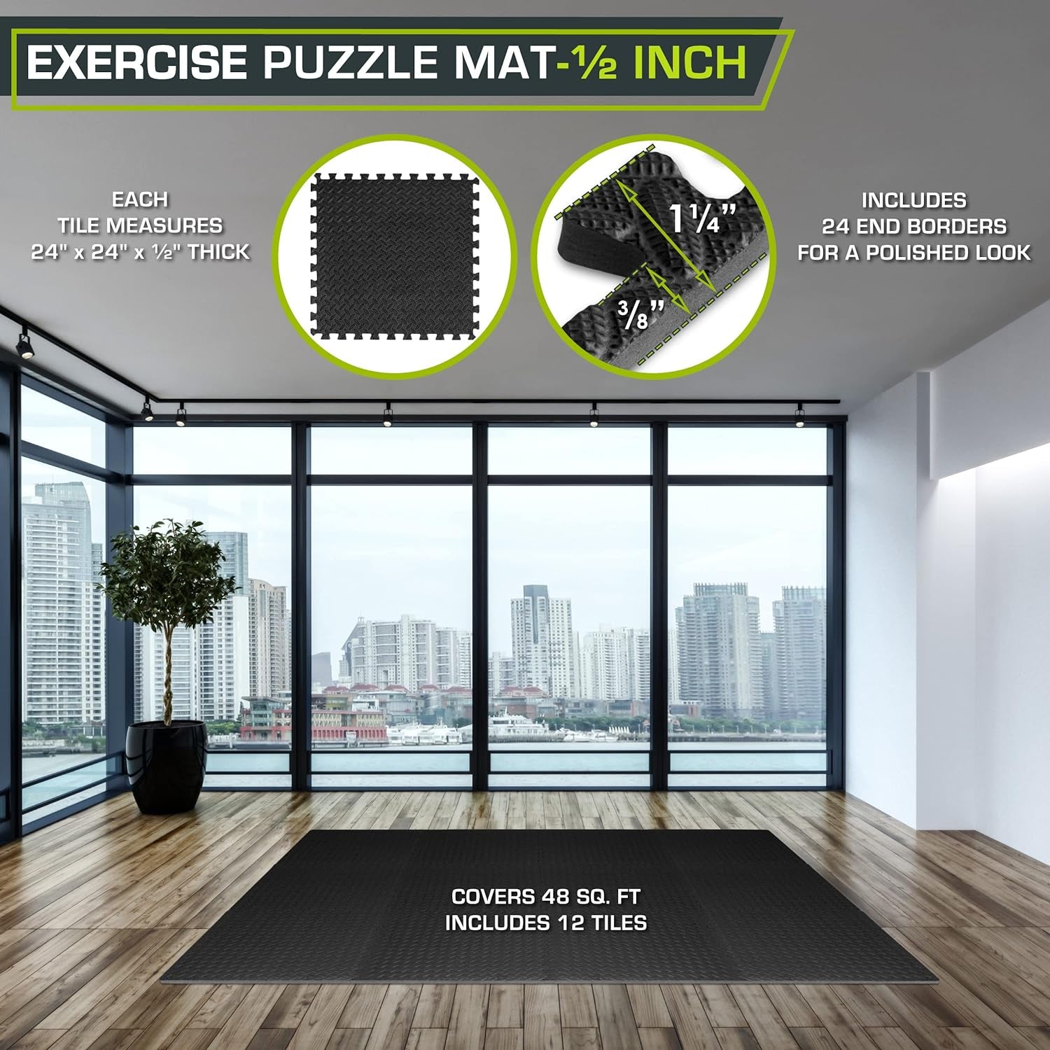 Puzzle Exercise Mat ½ In, EVA Interlocking Foam Floor Tiles for Home Gym, Mat for Home Workout Equipment, Floor Padding for Kids, Black, 24 in X 24 in X ½ In, 48 Sq Ft - 12 Tiles