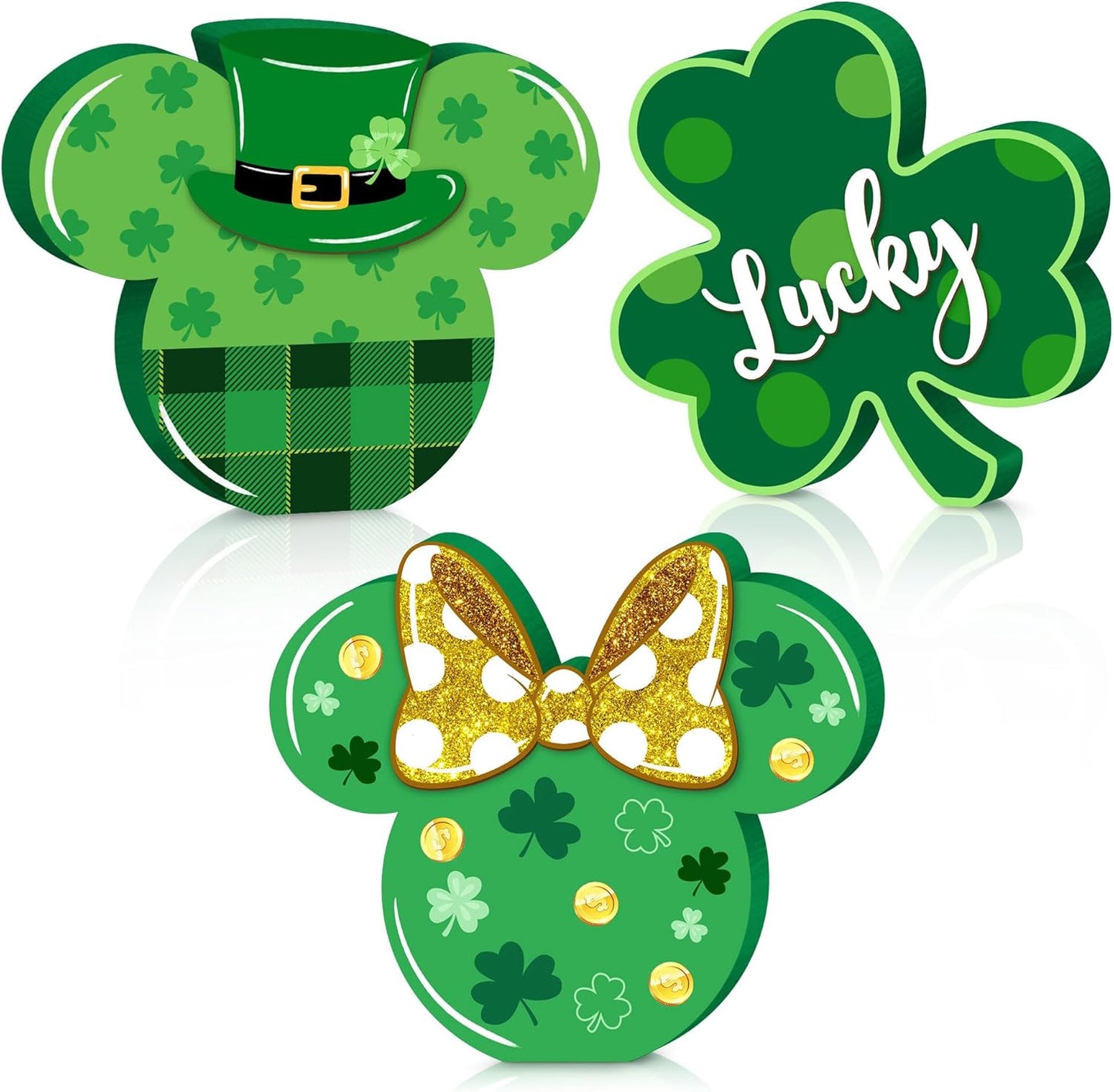 3Pcs St. Patrick'S Day Mouse Table Sign Decor, Shamrock Wooden Centerpieces Table Top Signs Tiered Tray Set for Happy St. Patrick'S Day Parties Indoor Irish Green Ornament Wood Home Decoration