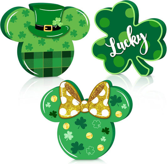 3Pcs St. Patrick'S Day Mouse Table Sign Decor, Shamrock Wooden Centerpieces Table Top Signs Tiered Tray Set for Happy St. Patrick'S Day Parties Indoor Irish Green Ornament Wood Home Decoration