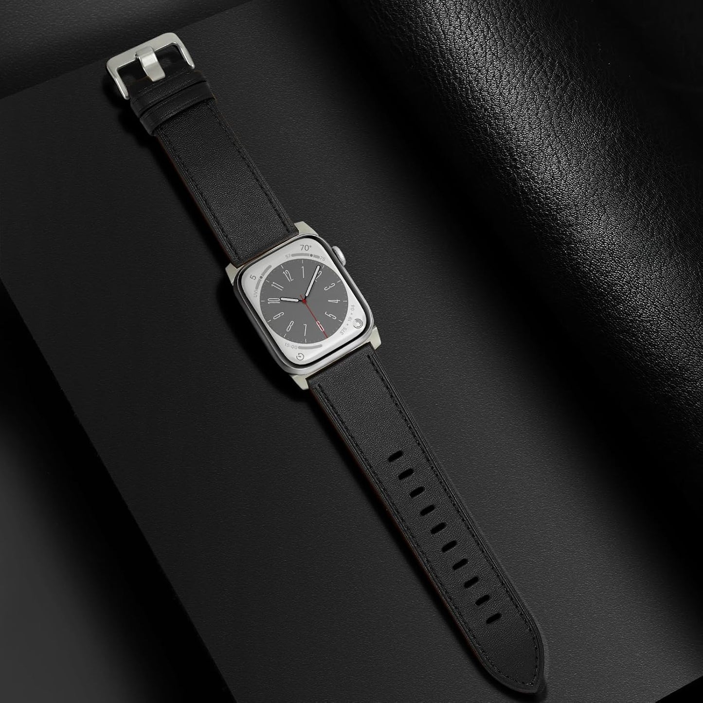 Compatible with Apple Watch Band 41Mm 40Mm 38Mm Men Women, Top Grain Genuine Leather Band Strap for Iwatch Series 9 8 7 6 5 4 3 2 1 SE, Black/Titanium