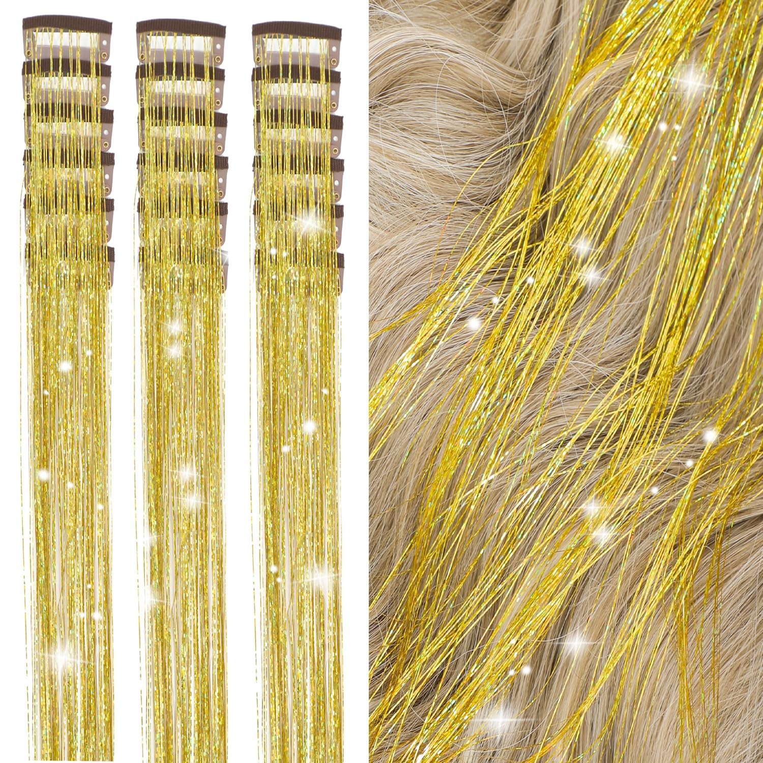 18 Pcs Hair Tinsel Clip in Tinsel Hair Extensions 19.6Inch Clip in Hair Tinsel Kit Heat Resistant Sparkle Fairy Hair Accessories for Kids Girls Women (Gold)