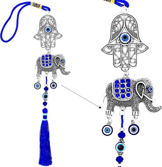 Blue Eye Hamsa Hand + Happy Elephant Double Pendant W/Blue Cord & Tassels - Evil Eye Car Hanging Ornament - Rear View Mirror Accessories, Home Decor Charm - Gift for Men & Women