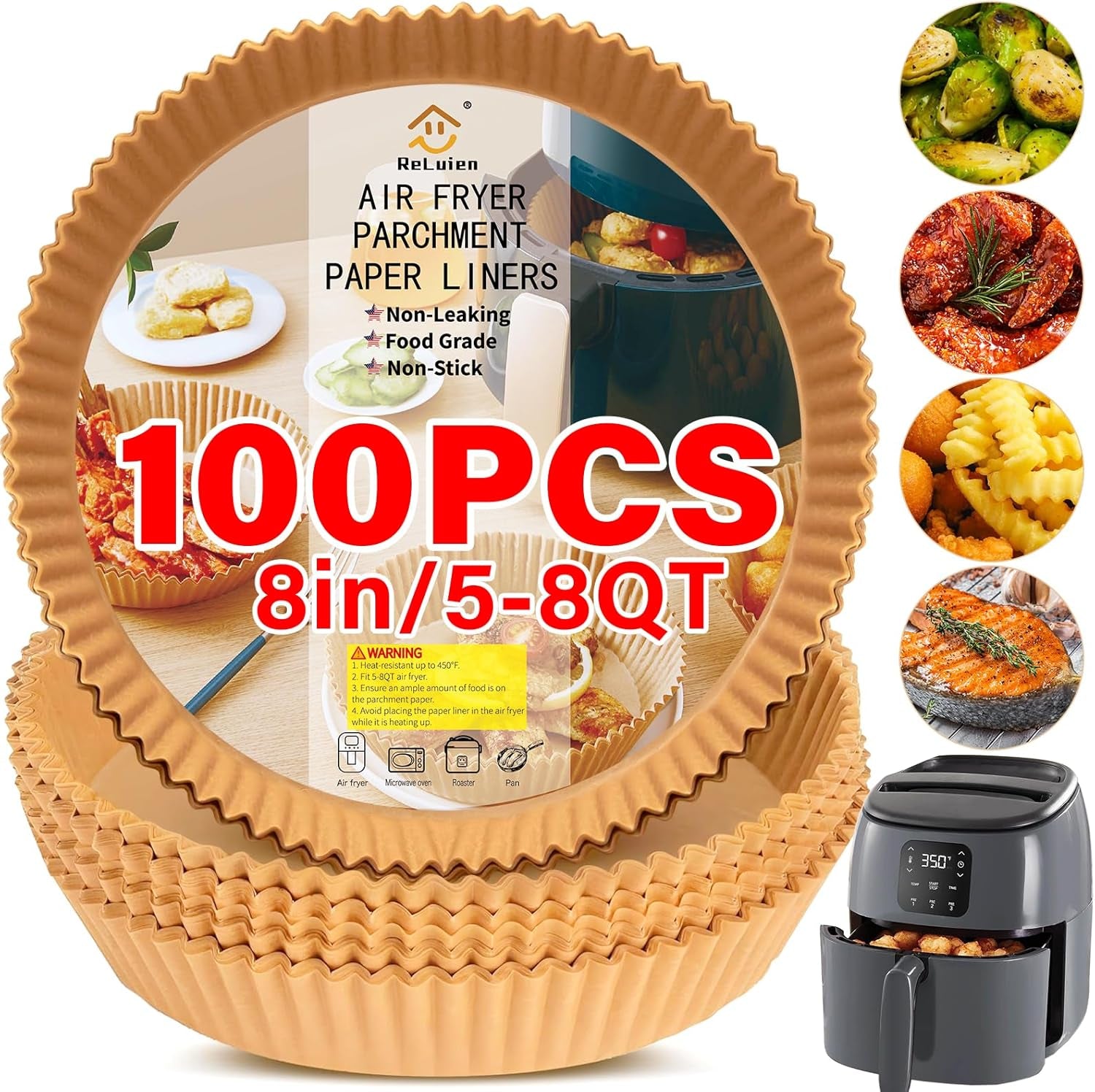 Air Fryer Liners Disposable, 125Pcs Non-Stick Disposable Airfryer Liners, 8 Inch Unbleached Parchment Paper, Square Air Fryer Paper Liners for 5-8QT Air Fryer, Baking, Roasting Microwave