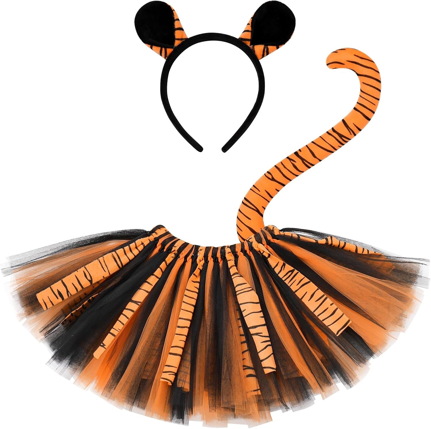 Baby Girls Jungle Animals Costume Tulle Tutu Skirt Ears Headband Bow Tie and Tail Set for Halloween Cosplay Dress Up