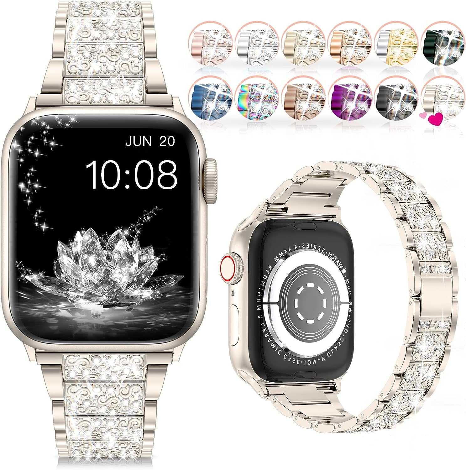 Compatible with Apple Watch Band 38Mm 40Mm 41Mm Series 9 Series 8 7 6 5 4 3 2 1 SE Ultra, Bling Replacement Bracelet Iwatch Band, Diamond Rhinestone Stainless Steel Metal Wristband Strap