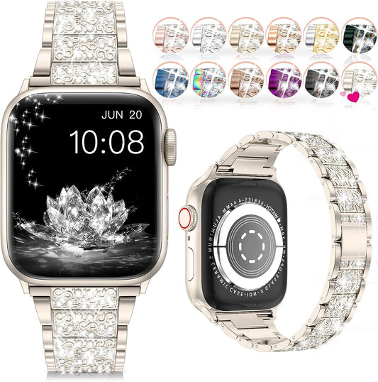 Compatible with Apple Watch Band 38Mm 40Mm 41Mm Series 9 Series 8 7 6 5 4 3 2 1 SE Ultra, Bling Replacement Bracelet Iwatch Band, Diamond Rhinestone Stainless Steel Metal Wristband Strap
