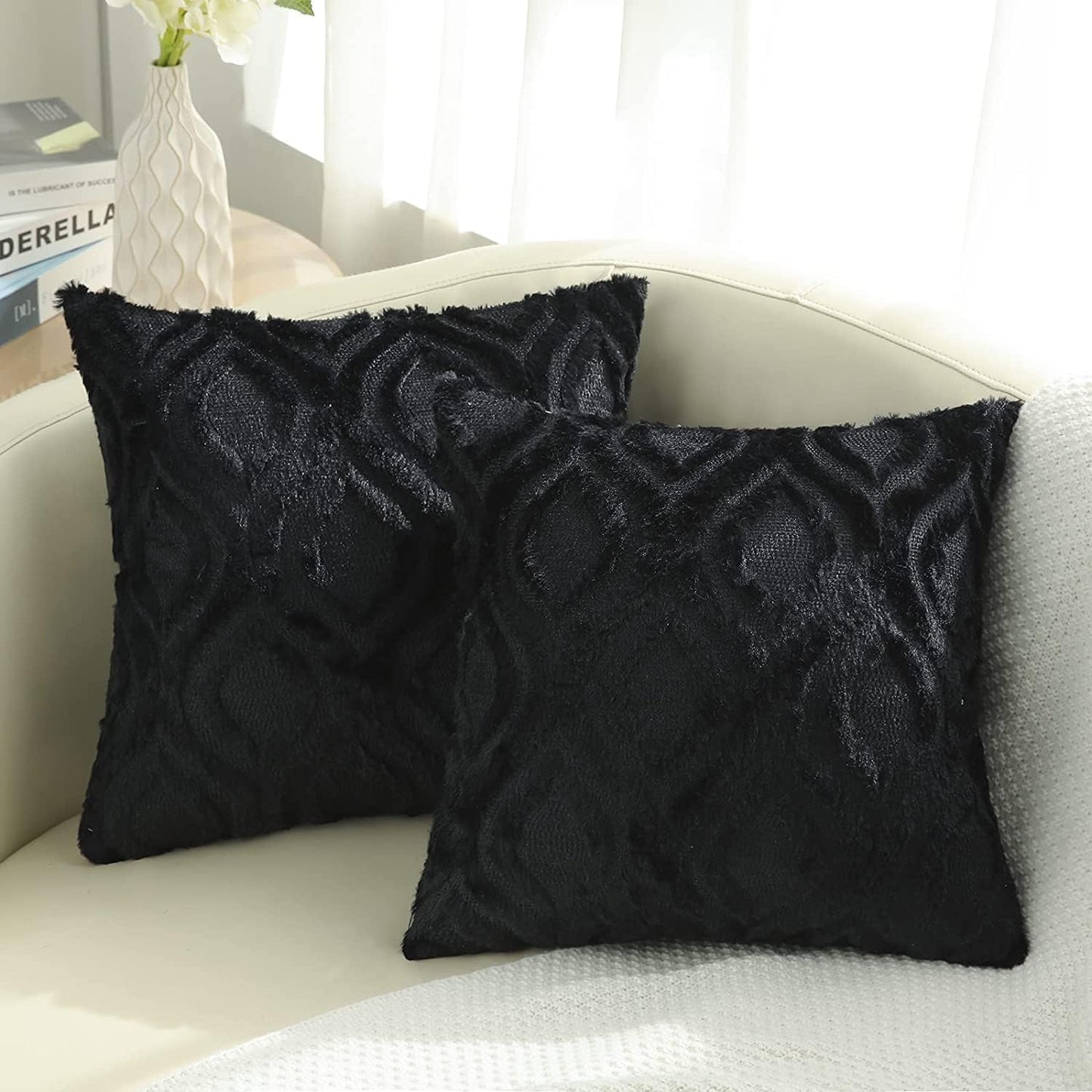 Decorative Throw Pillow Covers 18X18, Soft Plush Faux Wool Couch Pillow Covers for Home, Set of 2, Black
