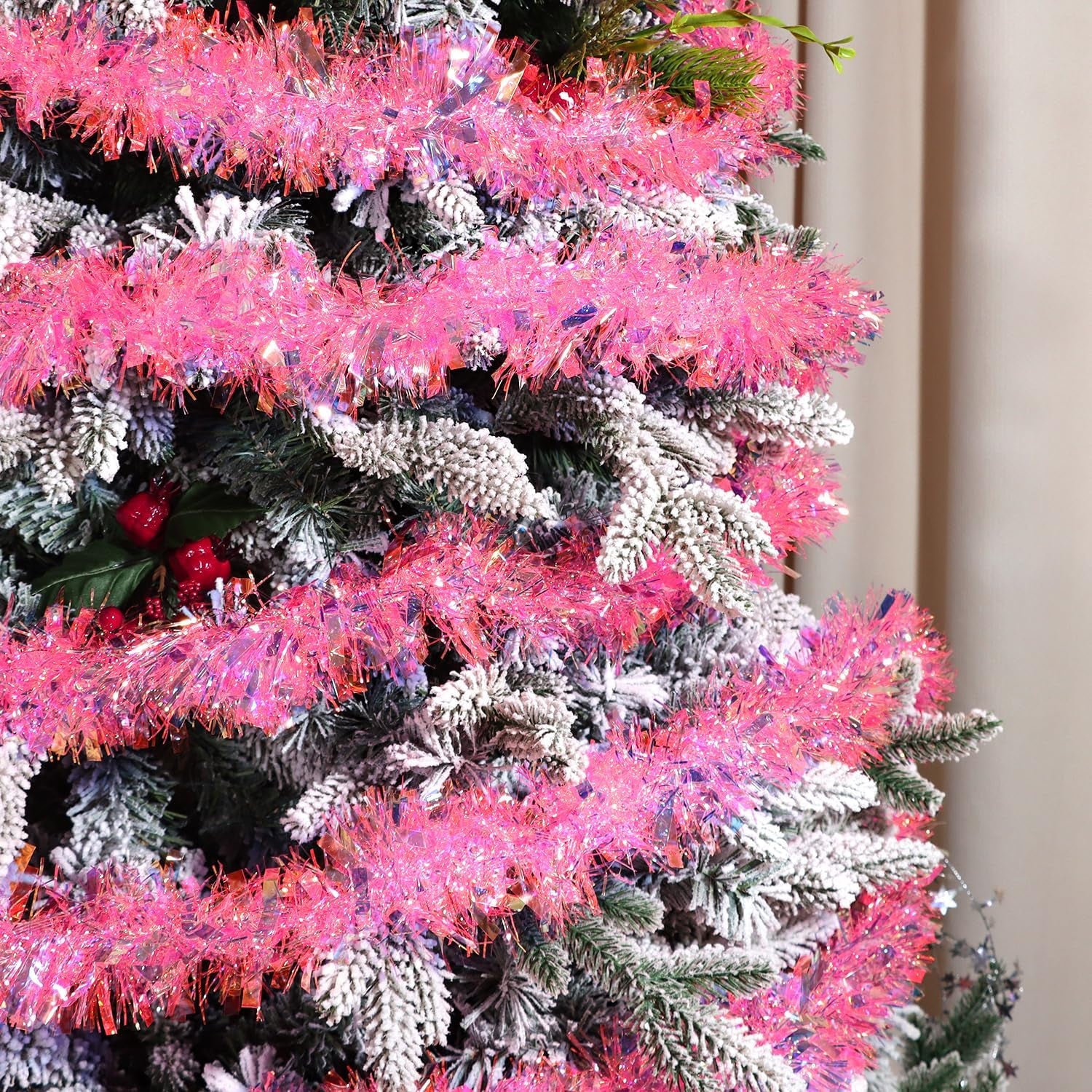 32.8 Ft Pink Christmas Tinsel Garland, Glitter Twist Tinsel for Xmas Tree Party Fireplace Wedding Supplies Decoration