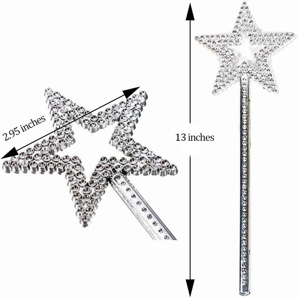 Star Wand, 2 Pieces 13 Inches Silver Fairy Princess Angel Wand Sticks for Girls Costume Birthday Party Wedding Halloween Christmas Cosplay-Fairy Wand for Children over 36 Months of Age