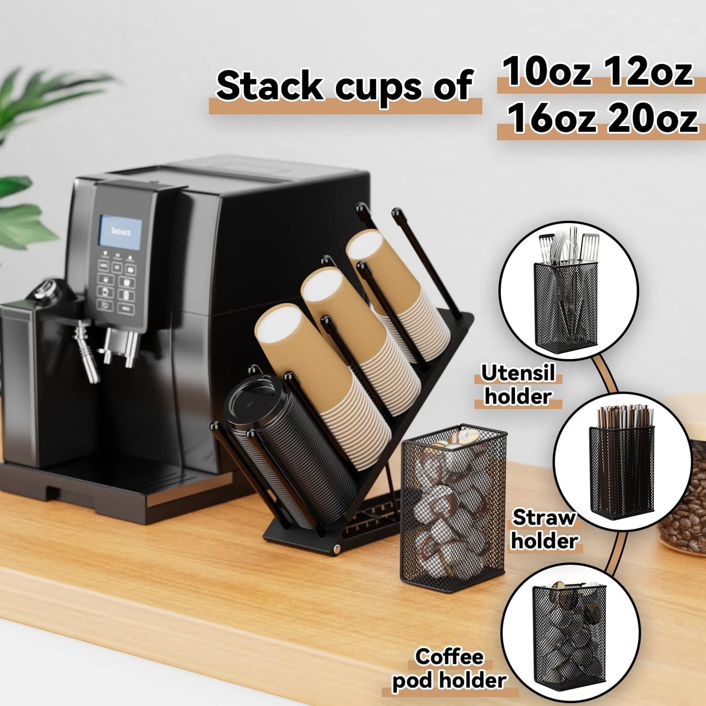 Cup and Lid Holder - Adjustable Coffee Cup Holder Organizer 4 Compartment Disposable Cup Dispenser with Mesh Basket for Coffee Pod Straw Storage Metal (Black)