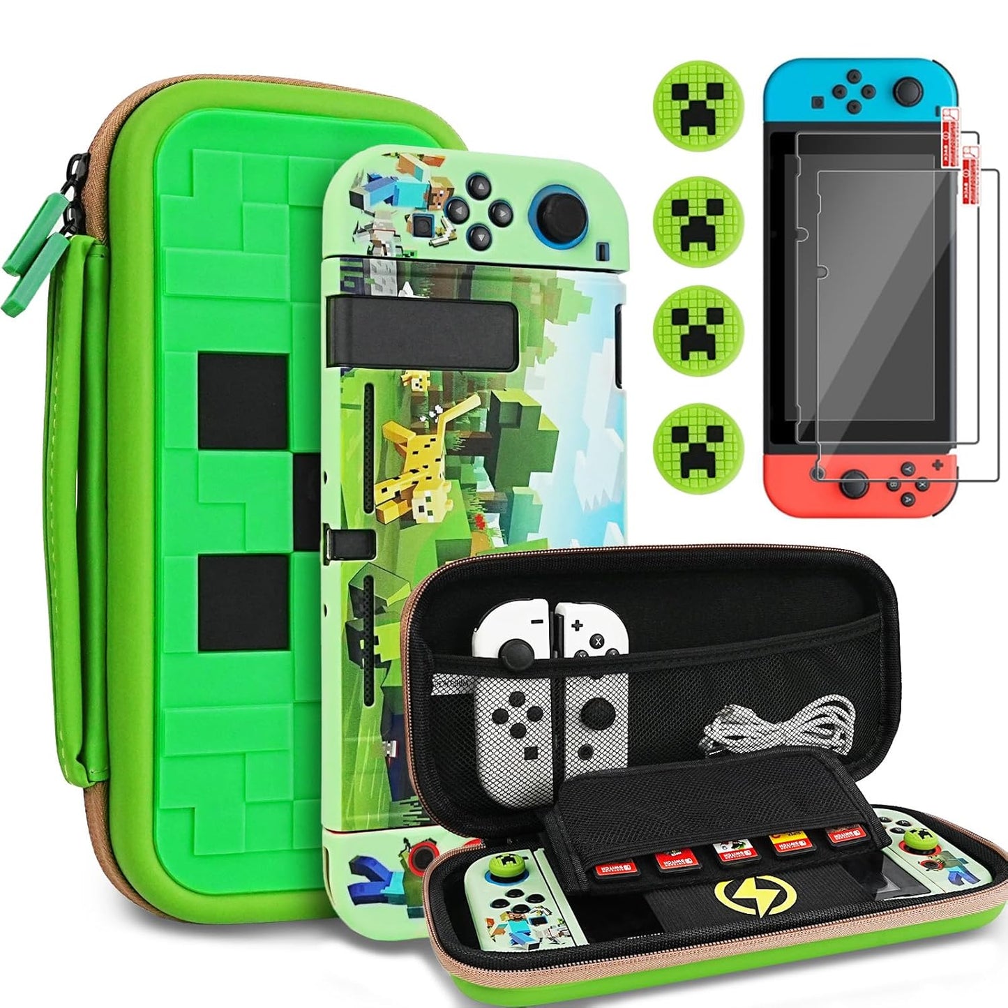 Carrying Case Accessories for Switch,Portable Travel Case with Soft Protective Case, Screen Protectors and Thumb Grip Caps, Green