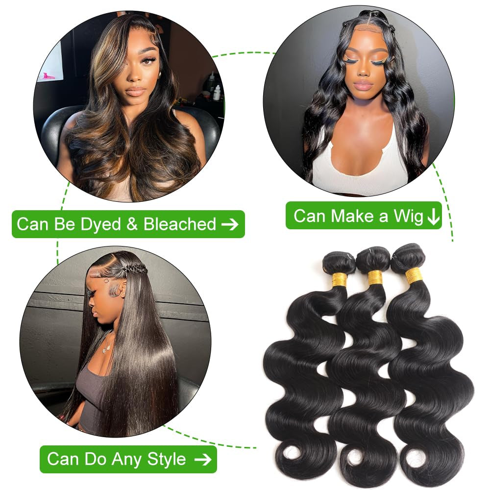 Human Hair Bundles 16 18 20 Inch Body Wave Bundles Human Hair 100% Unprocessed Brazilian Virgin Hair Quick Weave Bundles Human Hair 3 Bundles Deals Real Human Hair Extensions Natural Black