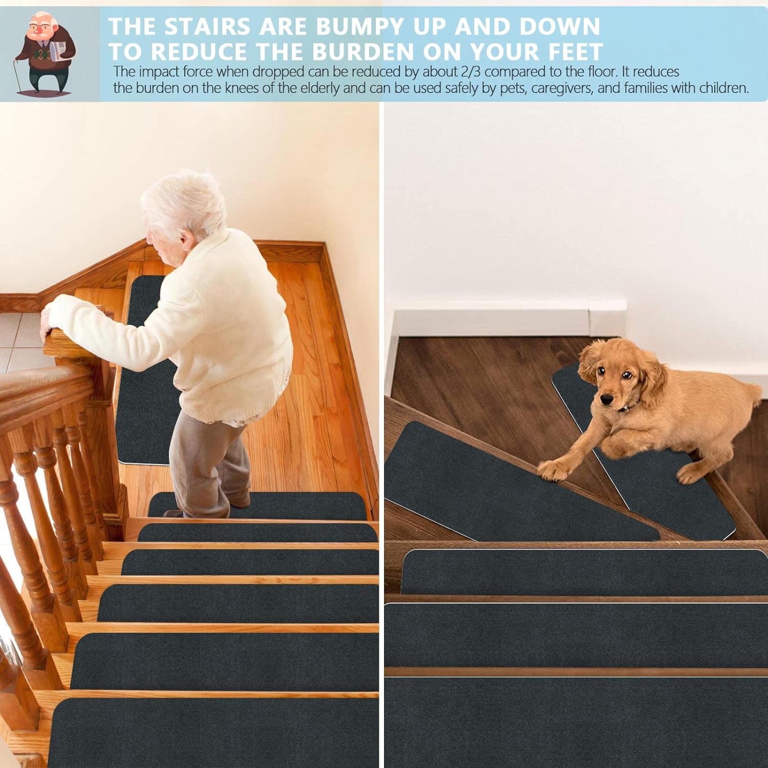 8" X 30" (15 in Pack) Non-Slip Stair Treads Carpet for Wooden Steps, Self-Adhesive Stair Treads Mat, Safety Indoor Stair Runner Mats, anti Slip Stair Rugs for Kids Elders and Dogs，Black