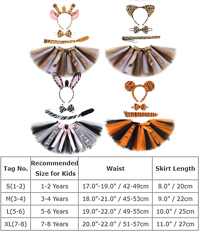 Baby Girls Jungle Animals Costume Tulle Tutu Skirt Ears Headband Bow Tie and Tail Set for Halloween Cosplay Dress Up