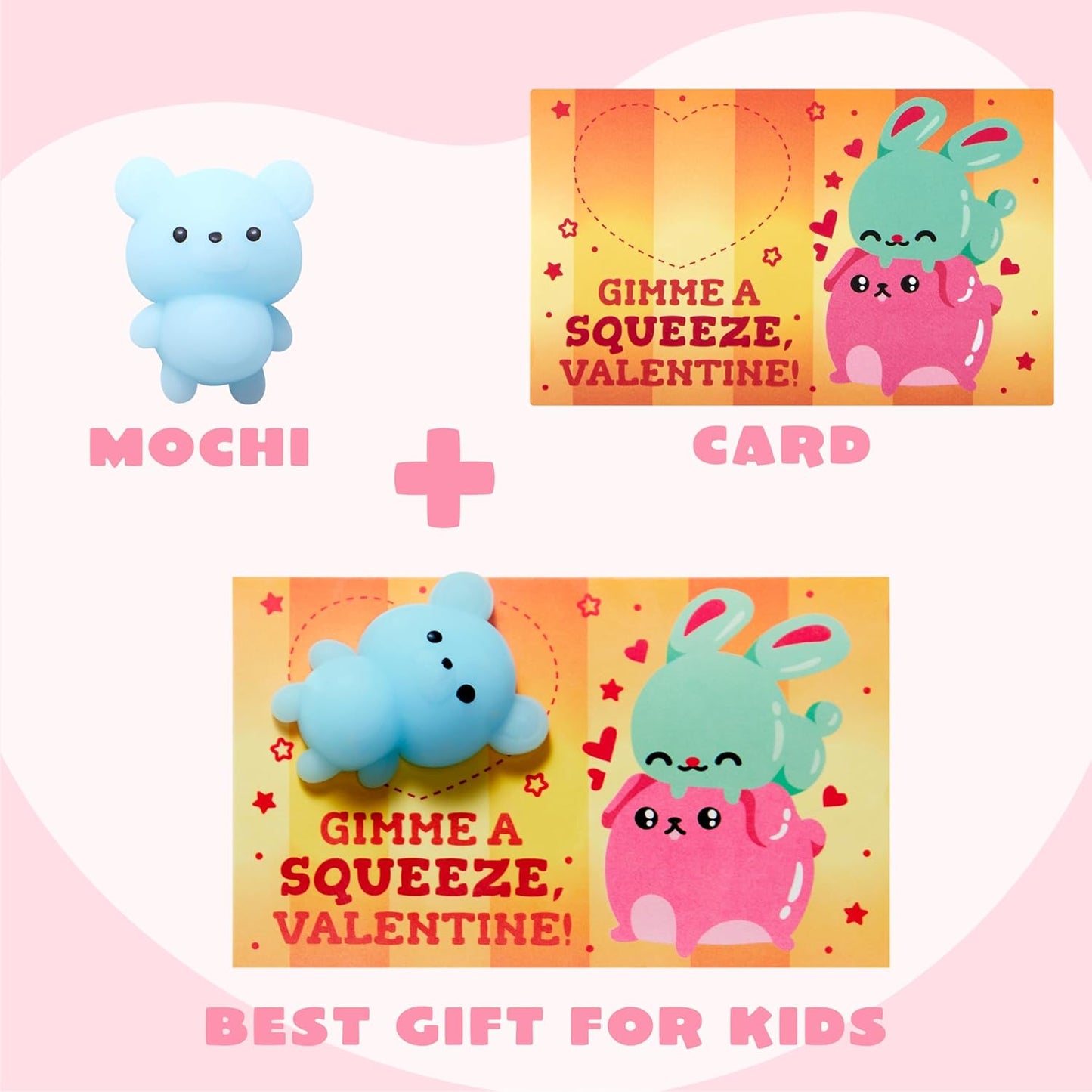 28 Packs Valentines Day Squishy Toy Gift Cards for Kids, Kawaii Mochi to Squeeze with Cards, Mochi Squishy Toy Stress Relief Fidget Toy for Kids Classroom Exchange Prizes Valentine Party Favor
