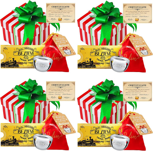 4 Sets Christmas Polar Express 2Inch Believe Bells Santa Sleigh Bell Gifts Bulk Christmas Ornament Train Ticket with Tags Red Velvet Bag Christmas Movie Party Favors for Xmas Party Tree Decorations