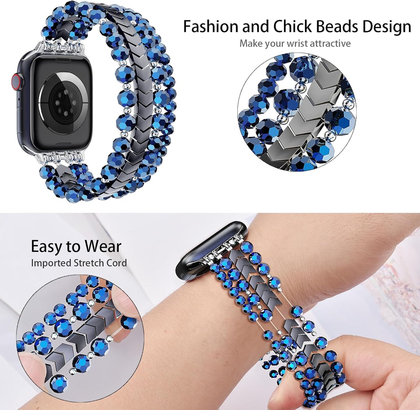 Beaded Bracelet Compatible with Apple Watch Band 38Mm/40Mm/41Mm/42Mm（Series 10） 9/8/7/SE/6/5/4/3/2/1 Women Fashion Handmade Elastic Stretch Strap for Iwatch Bands Replacement